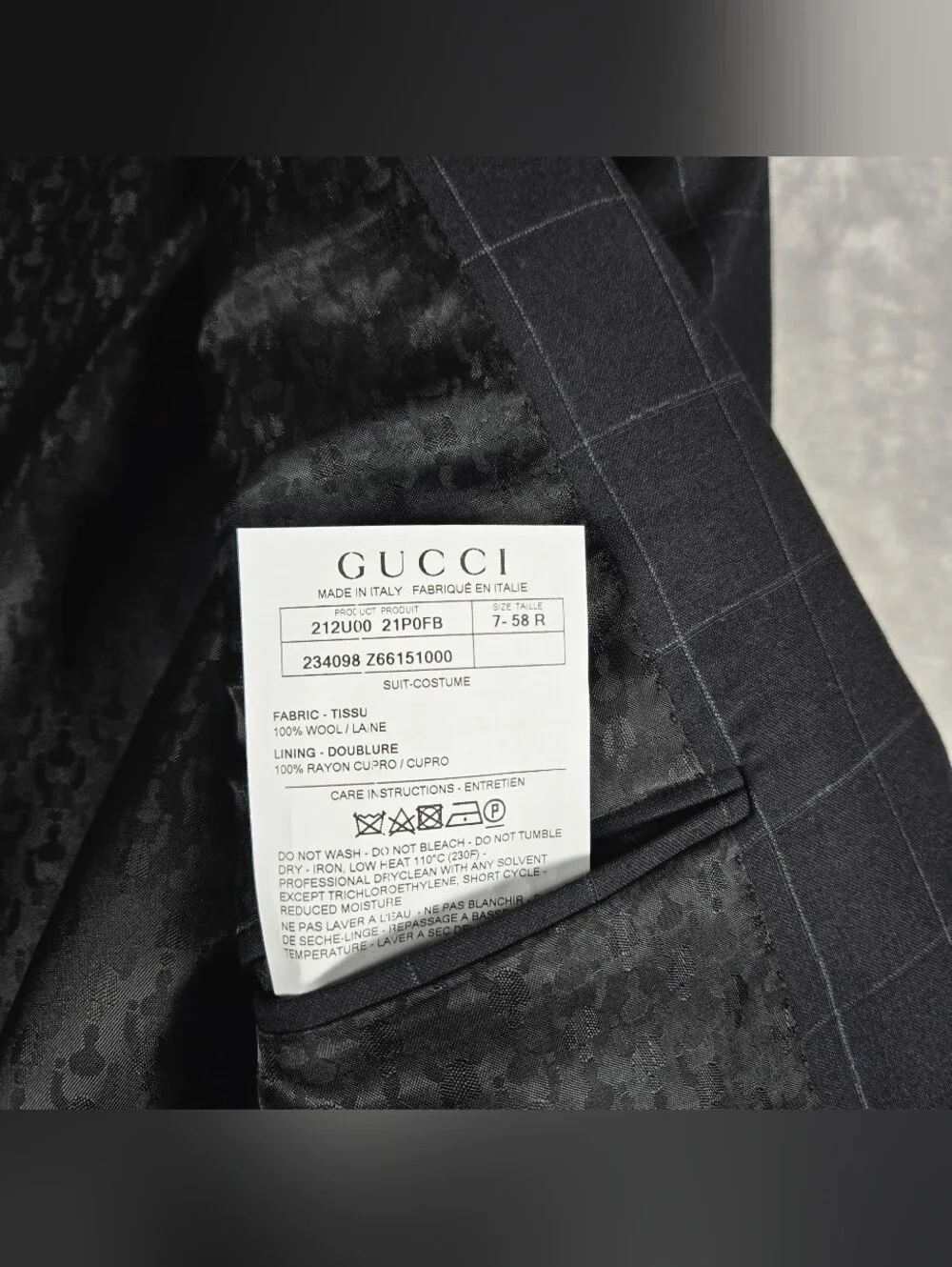 Gucci 2 Piece Suit Men Blazer 48R Pants 36x30 Inseam Black Windowpane Read Des!